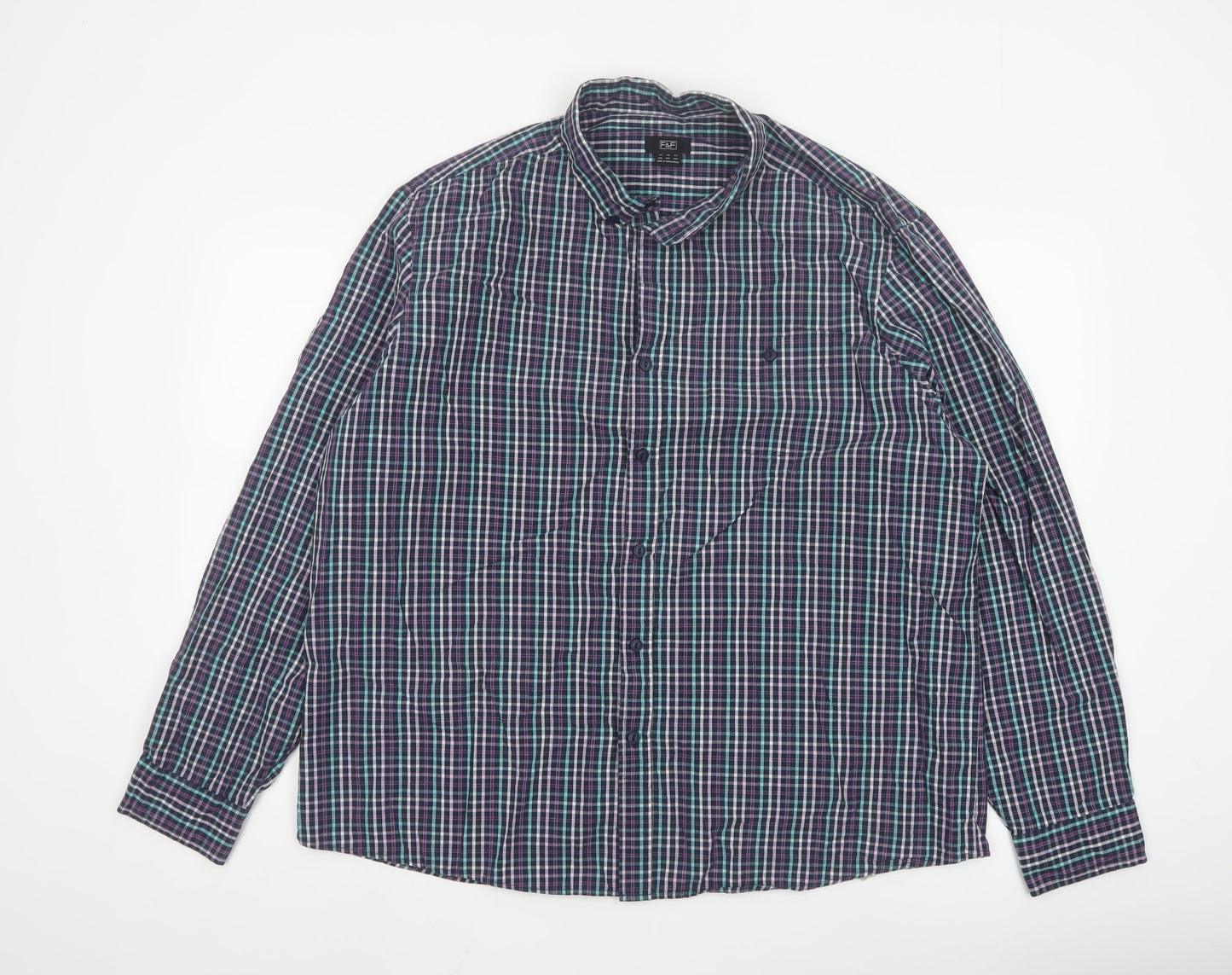 F&F Men's Blue Checked Long Sleeve Button-Up Cotton Shirt 2XL