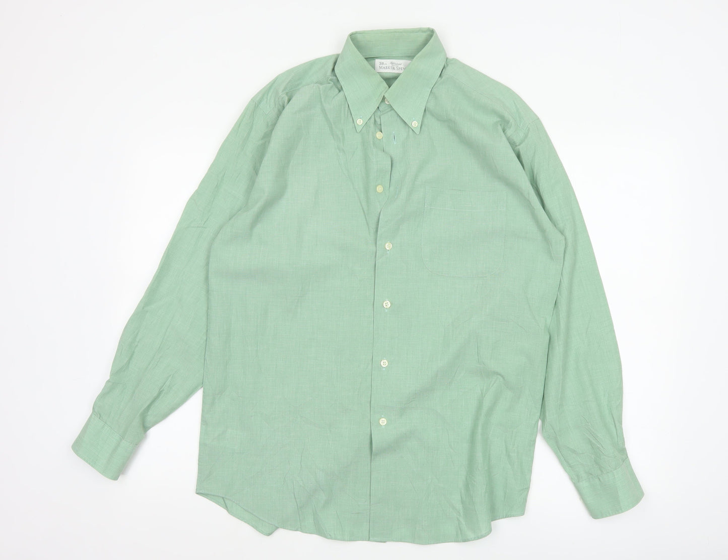 Marks and Spencer Men’s Green Button-Up Long Sleeve Classic Fit Shirt Size 15 38cm