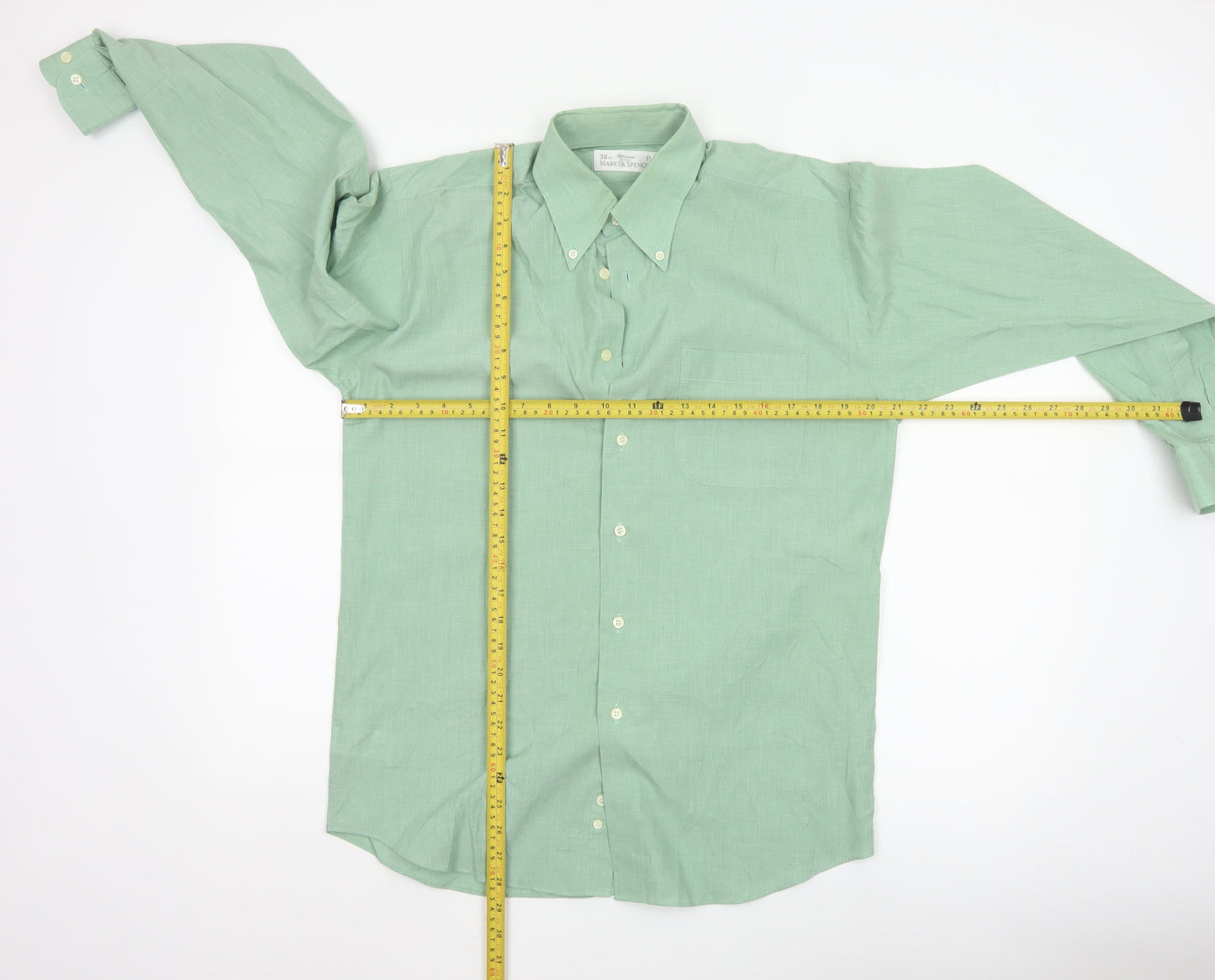 Marks and Spencer Men’s Green Button-Up Long Sleeve Classic Fit Shirt Size 15 38cm