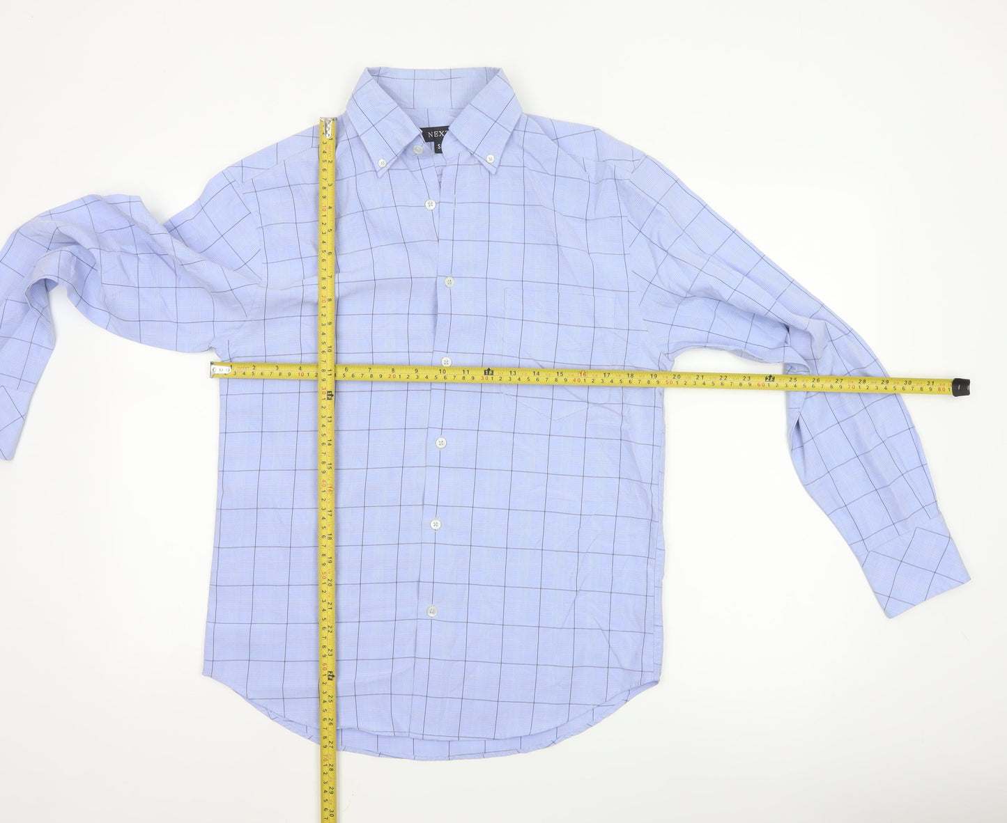 Next Men's Blue Check Long Sleeve Button-Down Shirt Size S