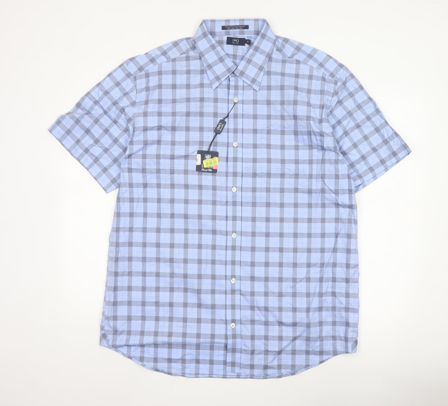 LINCS David Chu Men's Blue Check Short Sleeve Cotton Shirt XL