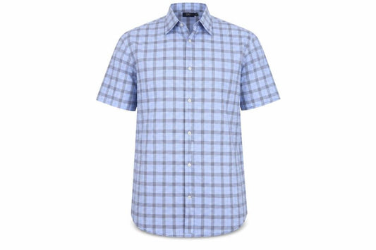 LINCS David Chu Men's Blue Check Short Sleeve Cotton Shirt XL