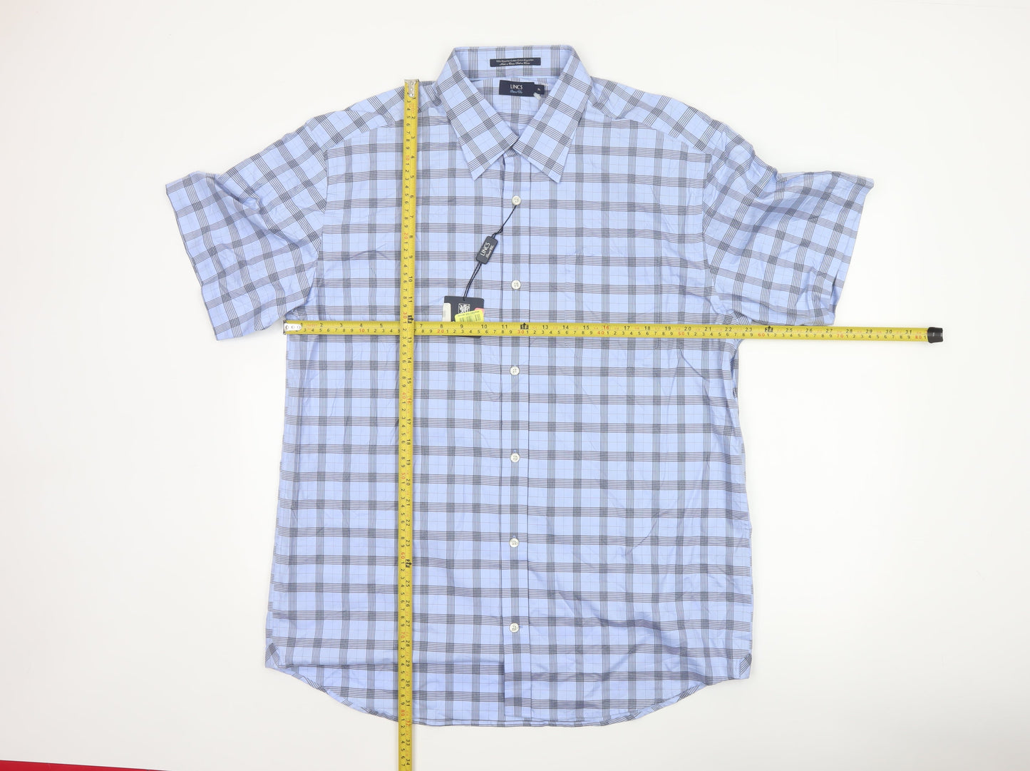 LINCS David Chu Men's Blue Check Short Sleeve Cotton Shirt XL