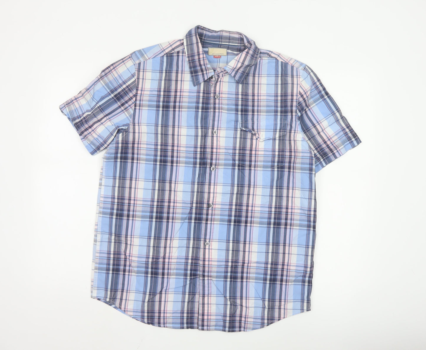 John Lewis Men Blue Checked Cotton Short Sleeve Button-Up Shirt Medium
