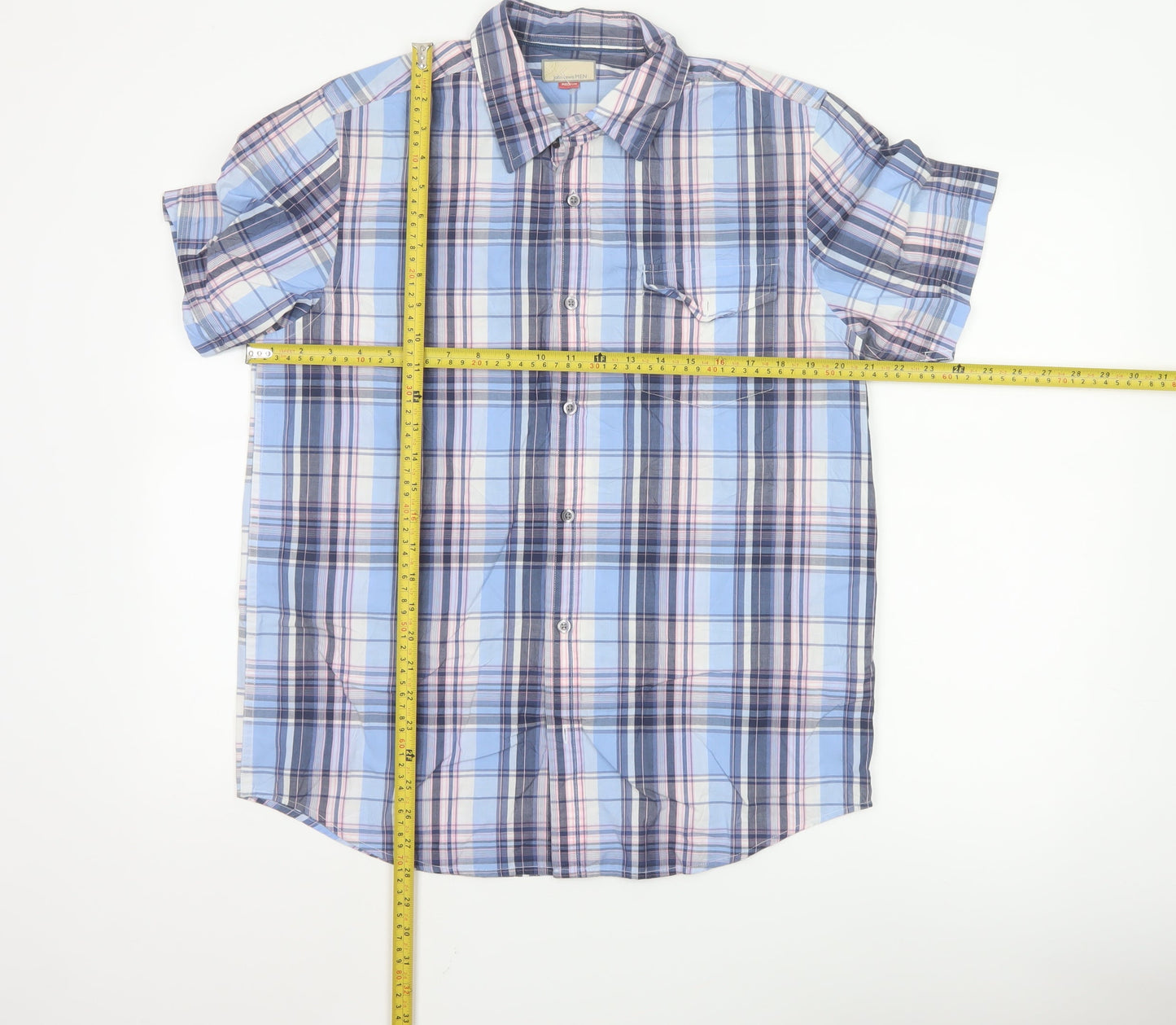 John Lewis Men Blue Checked Cotton Short Sleeve Button-Up Shirt Medium