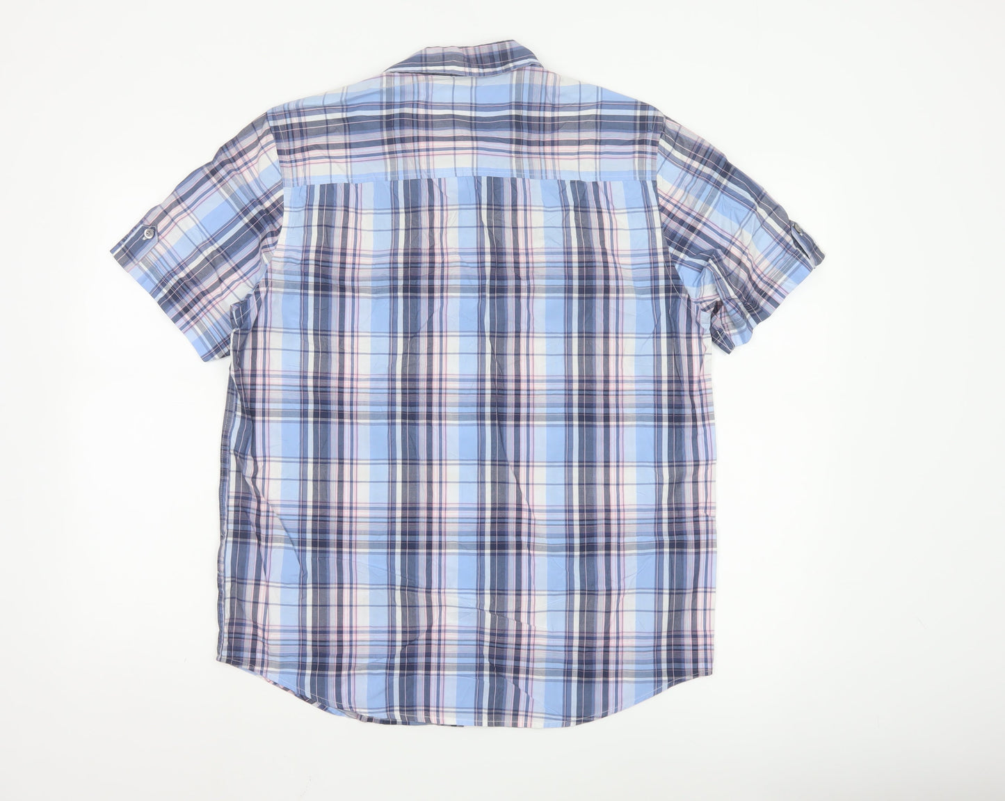 John Lewis Men Blue Checked Cotton Short Sleeve Button-Up Shirt Medium