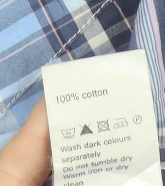John Lewis Men Blue Checked Cotton Short Sleeve Button-Up Shirt Medium