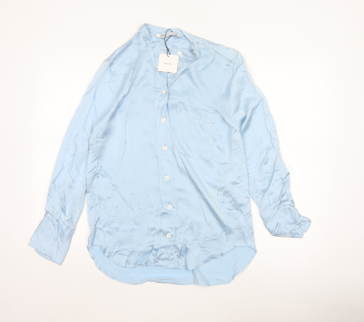 Zara Women Blue Silk Button-Up Long Sleeve Shirt XS