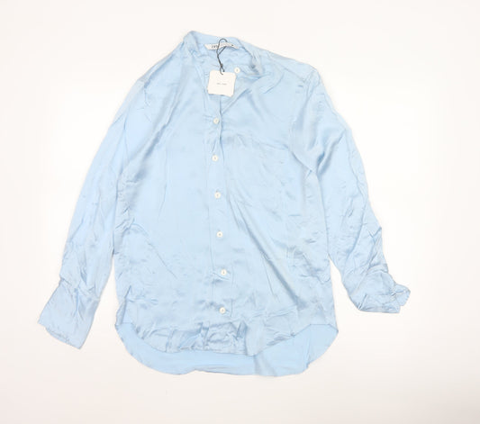 Zara Women Blue Silk Button-Up Long Sleeve Shirt XS