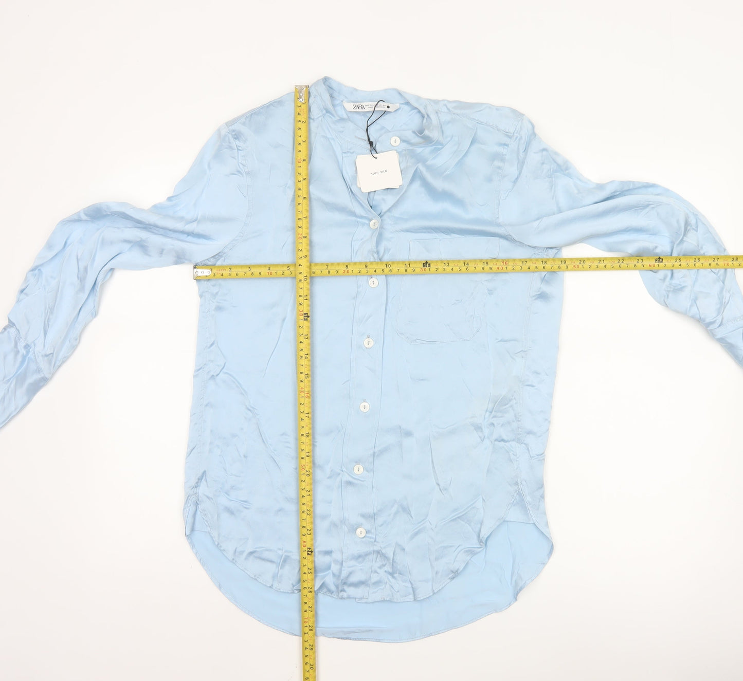 Zara Women Blue Silk Button-Up Long Sleeve Shirt XS