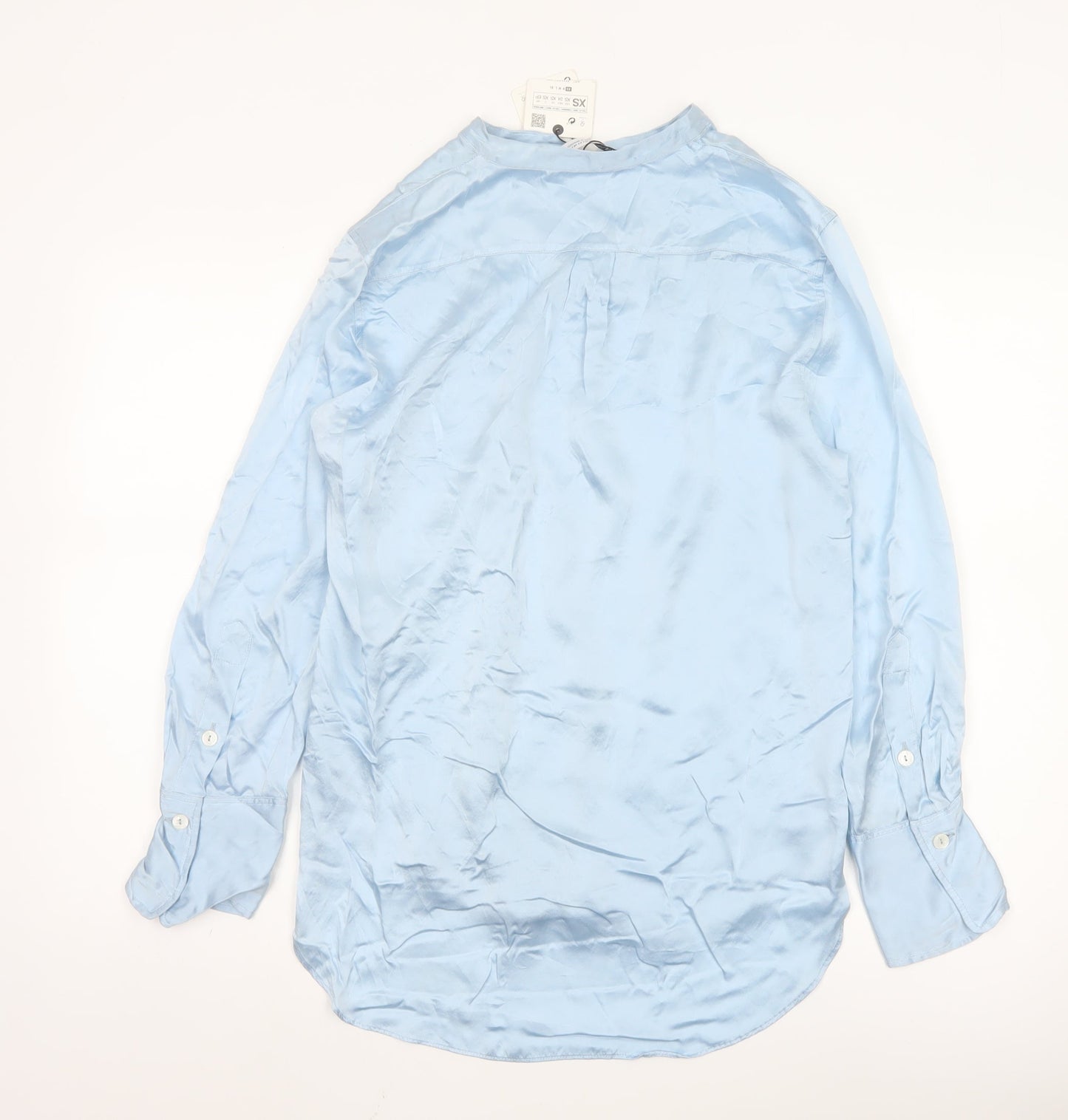 Zara Women Blue Silk Button-Up Long Sleeve Shirt XS