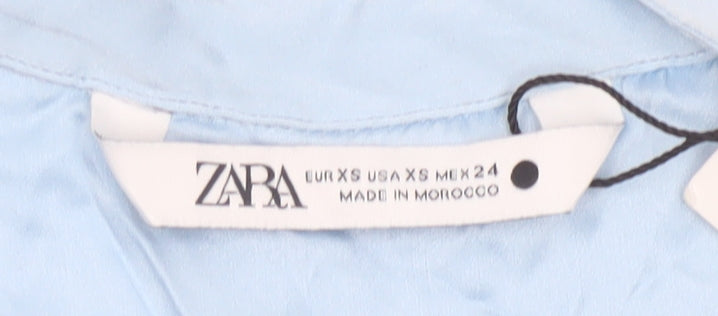 Zara Women Blue Silk Button-Up Long Sleeve Shirt XS