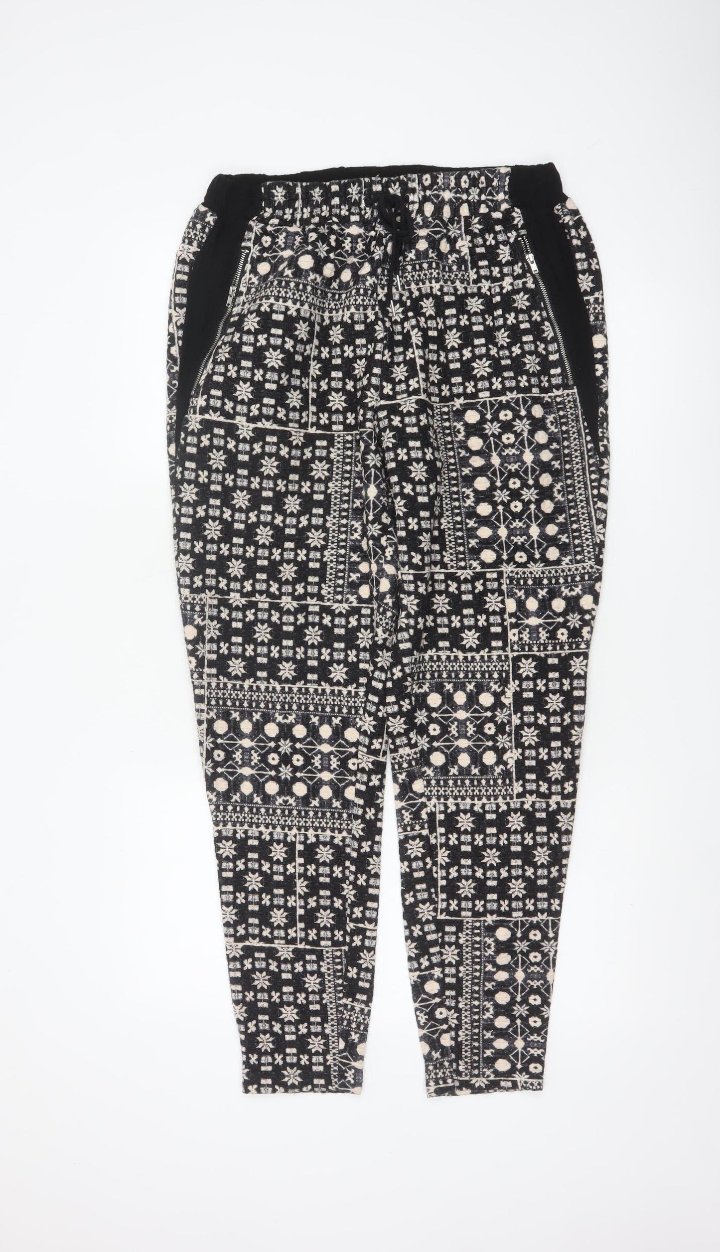 H&M Women Black & Beige Patterned Jogger Trousers Size 12