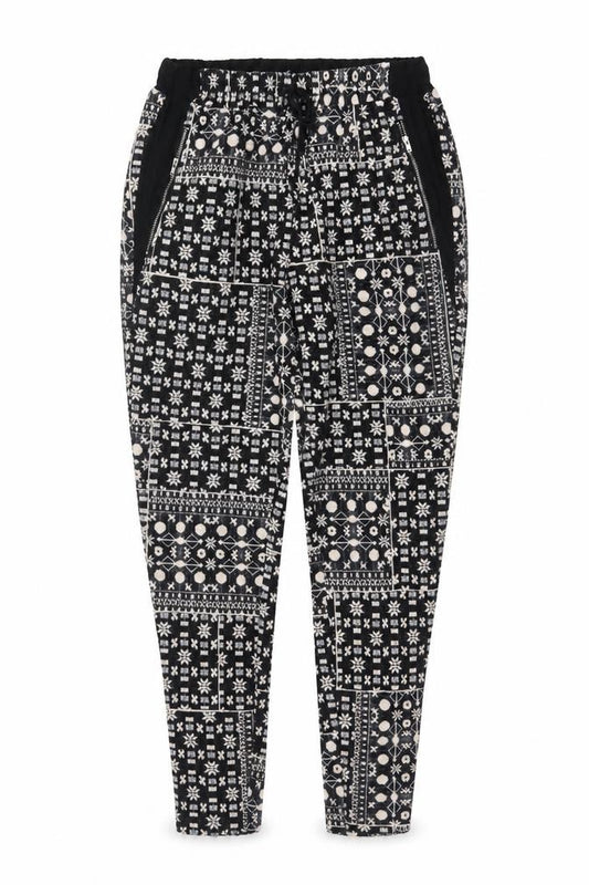 H&M Women Black & Beige Patterned Jogger Trousers Size 12