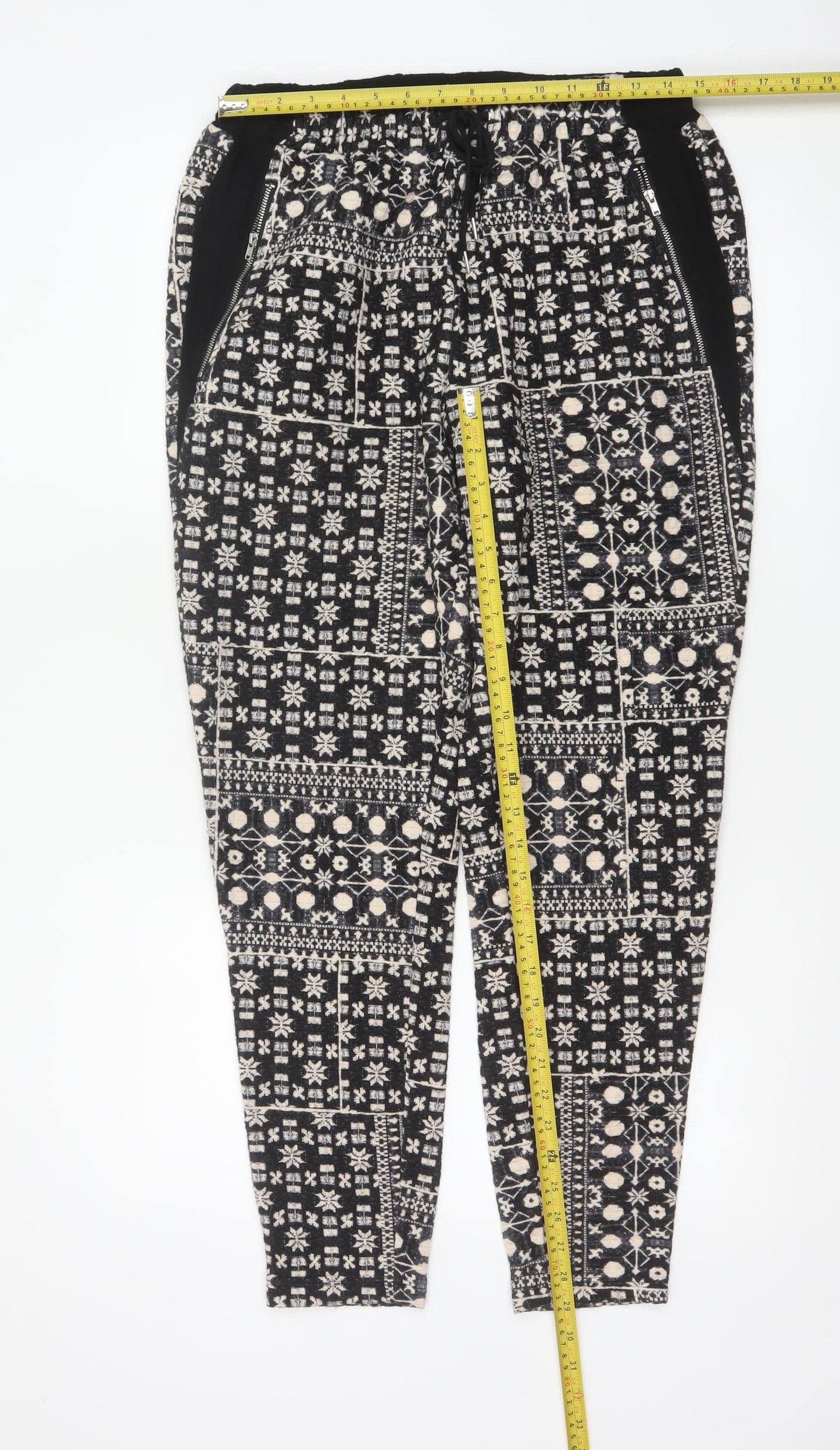 H&M Women Black & Beige Patterned Jogger Trousers Size 12