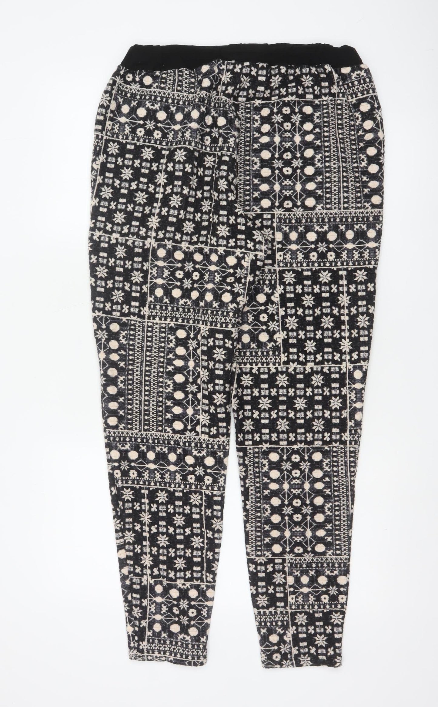 H&M Women Black & Beige Patterned Jogger Trousers Size 12