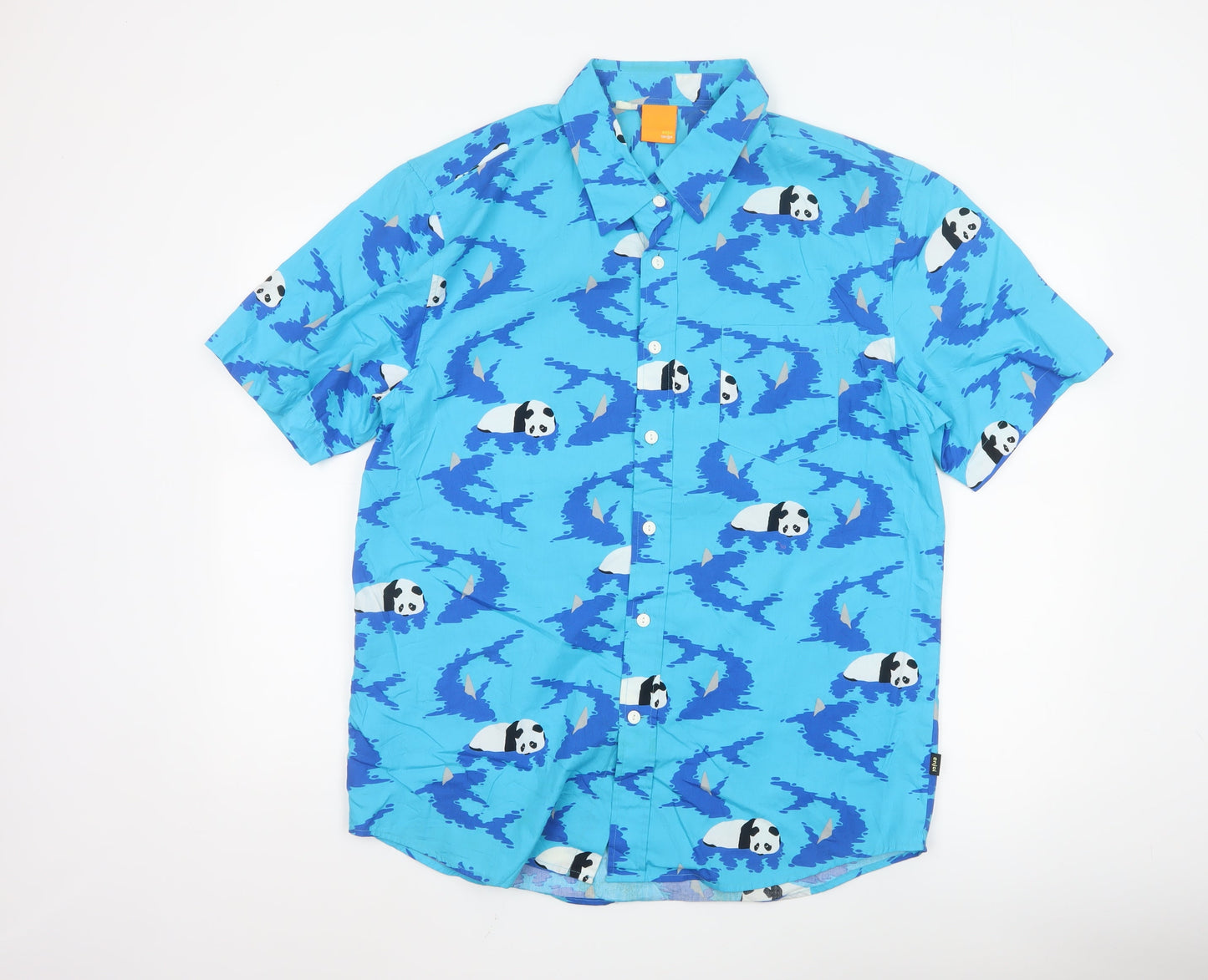 Enjoi Men's Blue Panda Print Cotton Short Sleeve Button-Up Shirt L