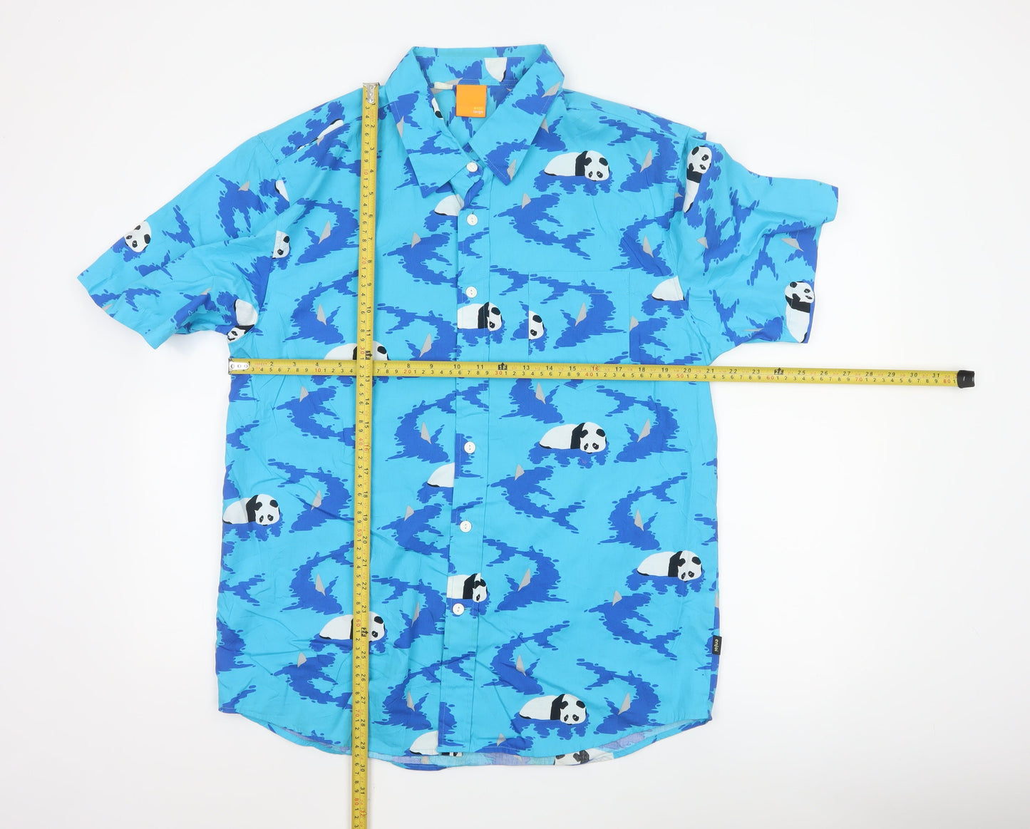 Enjoi Men's Blue Panda Print Cotton Short Sleeve Button-Up Shirt L