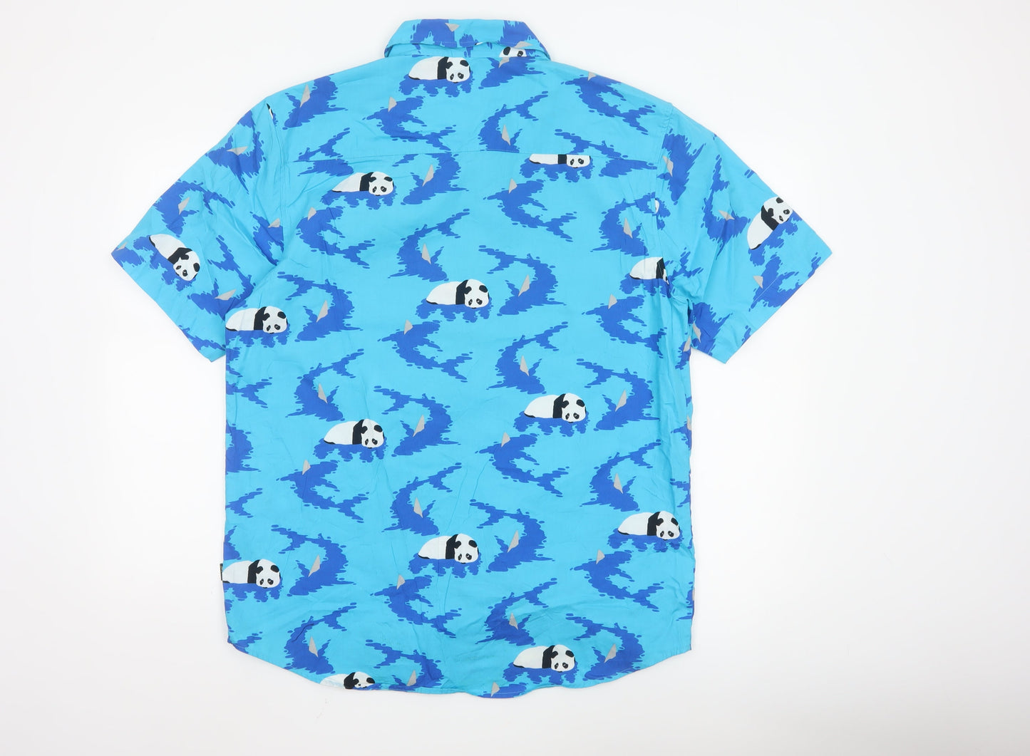 Enjoi Men's Blue Panda Print Cotton Short Sleeve Button-Up Shirt L