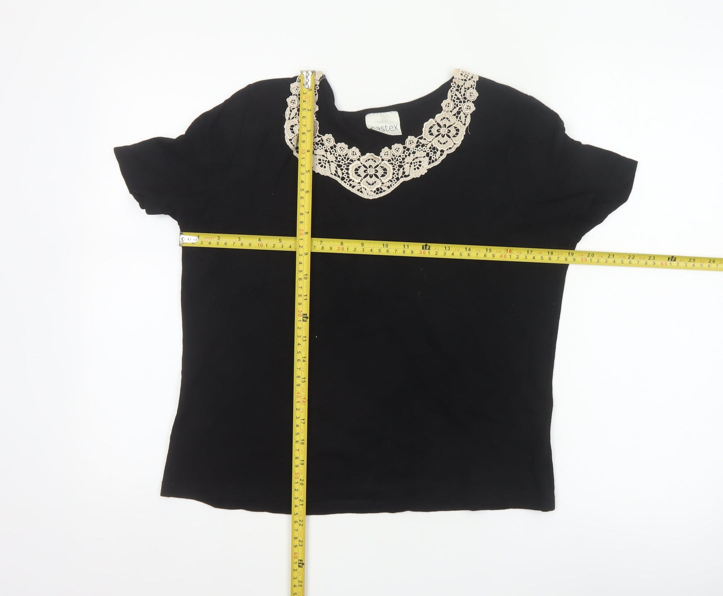 Eastex Women's Black Short Sleeve Lace Neck Viscose Blouse UK 14