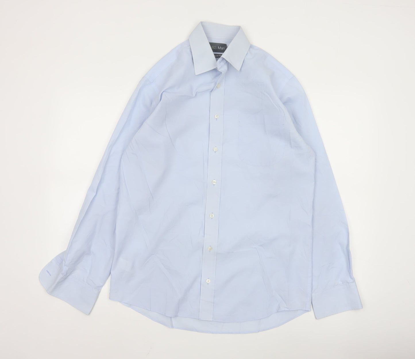 Marks and Spencer Men's Blue 15 Regular Fit Long Sleeve Shirt
