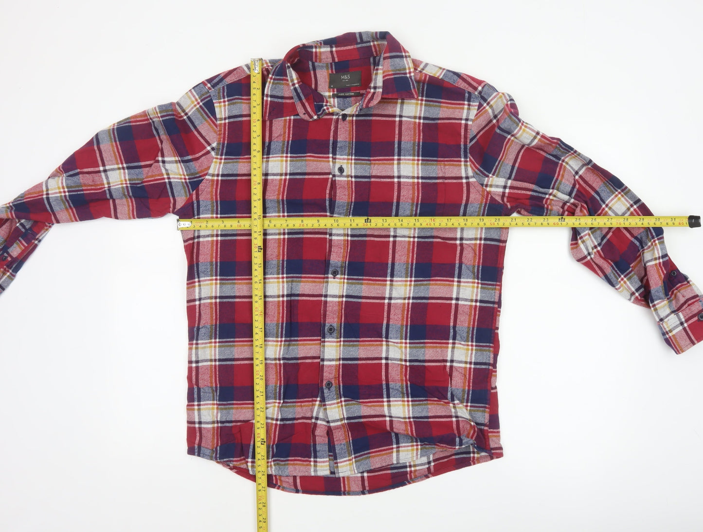 Marks and Spencer Mens Red Blue Check Cotton Flannel Shirt M