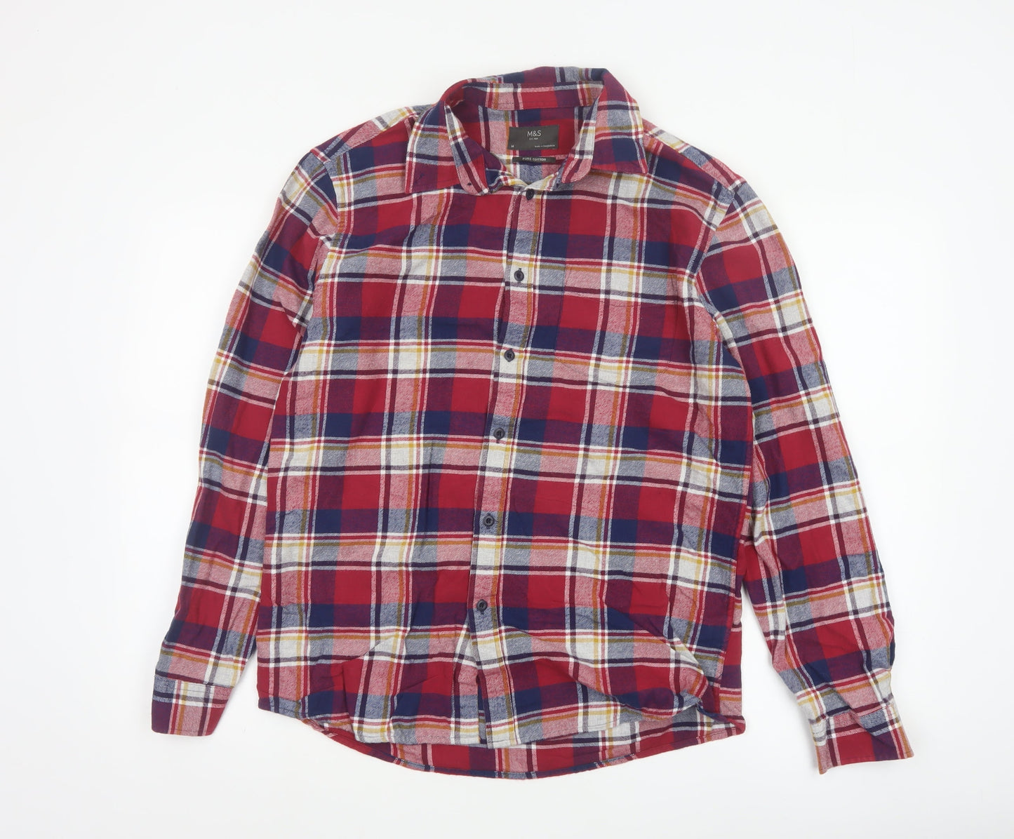 Marks and Spencer Mens Red Blue Check Cotton Flannel Shirt M