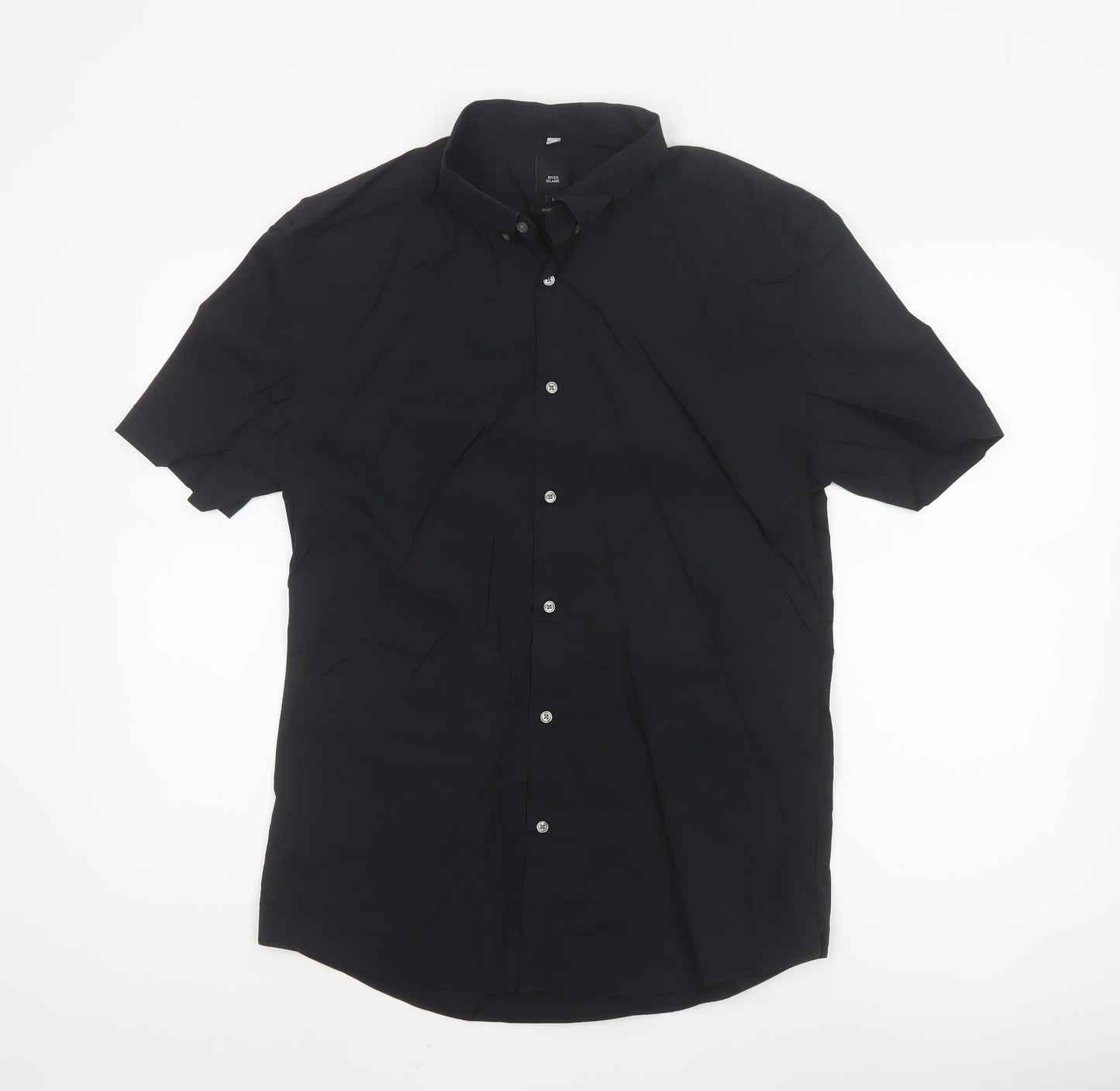 River Island Men’s Black Muscle Fit Short Sleeve Button-Up Shirt L