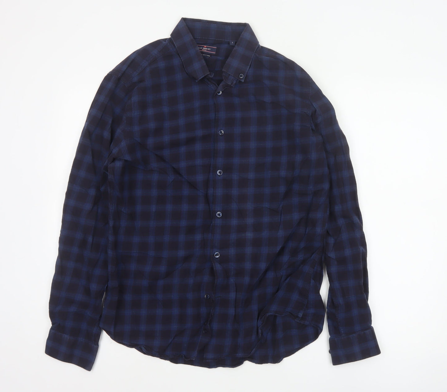 Luc Brevet Zürich Men's Blue Cotton Check Button-Up Shirt L