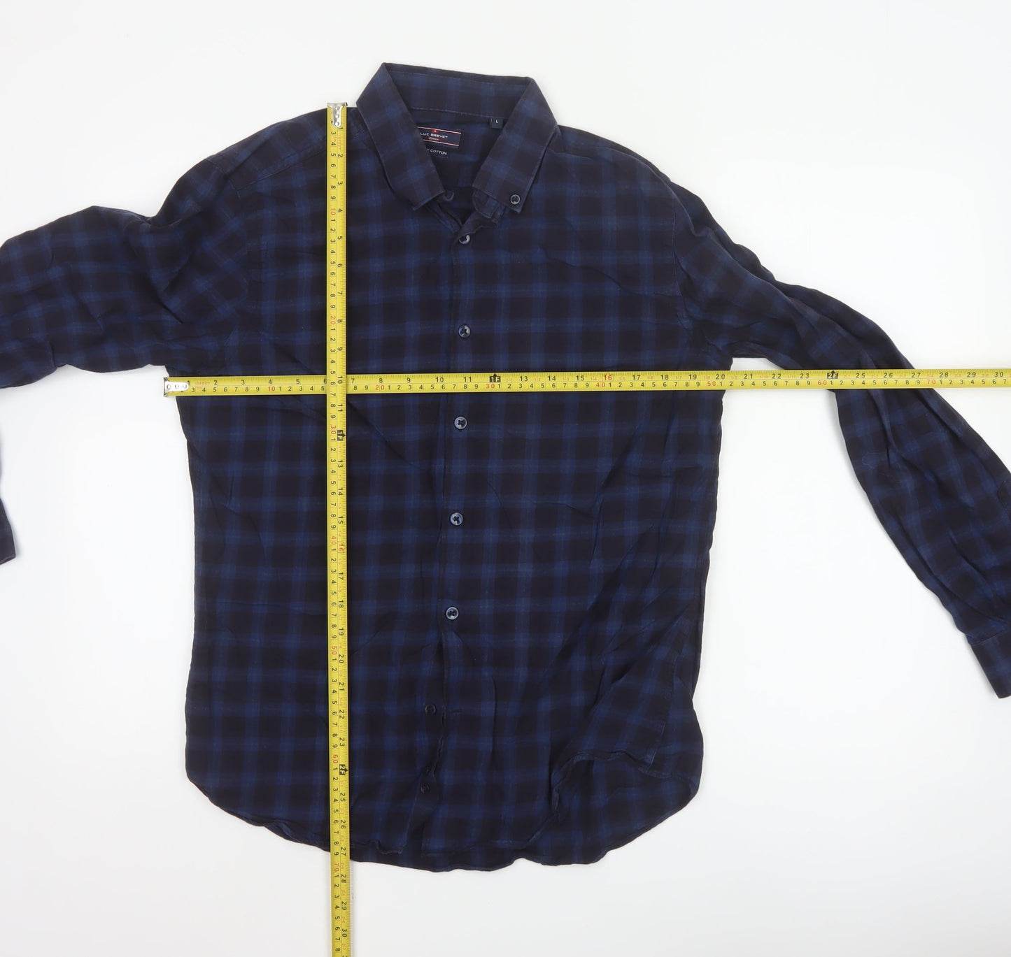 Luc Brevet Zürich Men's Blue Cotton Check Button-Up Shirt L