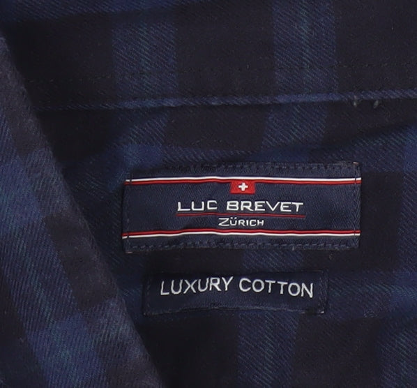 Luc Brevet Zürich Men's Blue Cotton Check Button-Up Shirt L