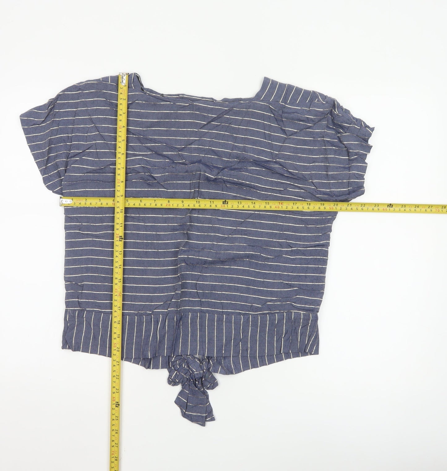 Oliver Bonas Women's Blue Striped Cropped Tie Blouse Size 12