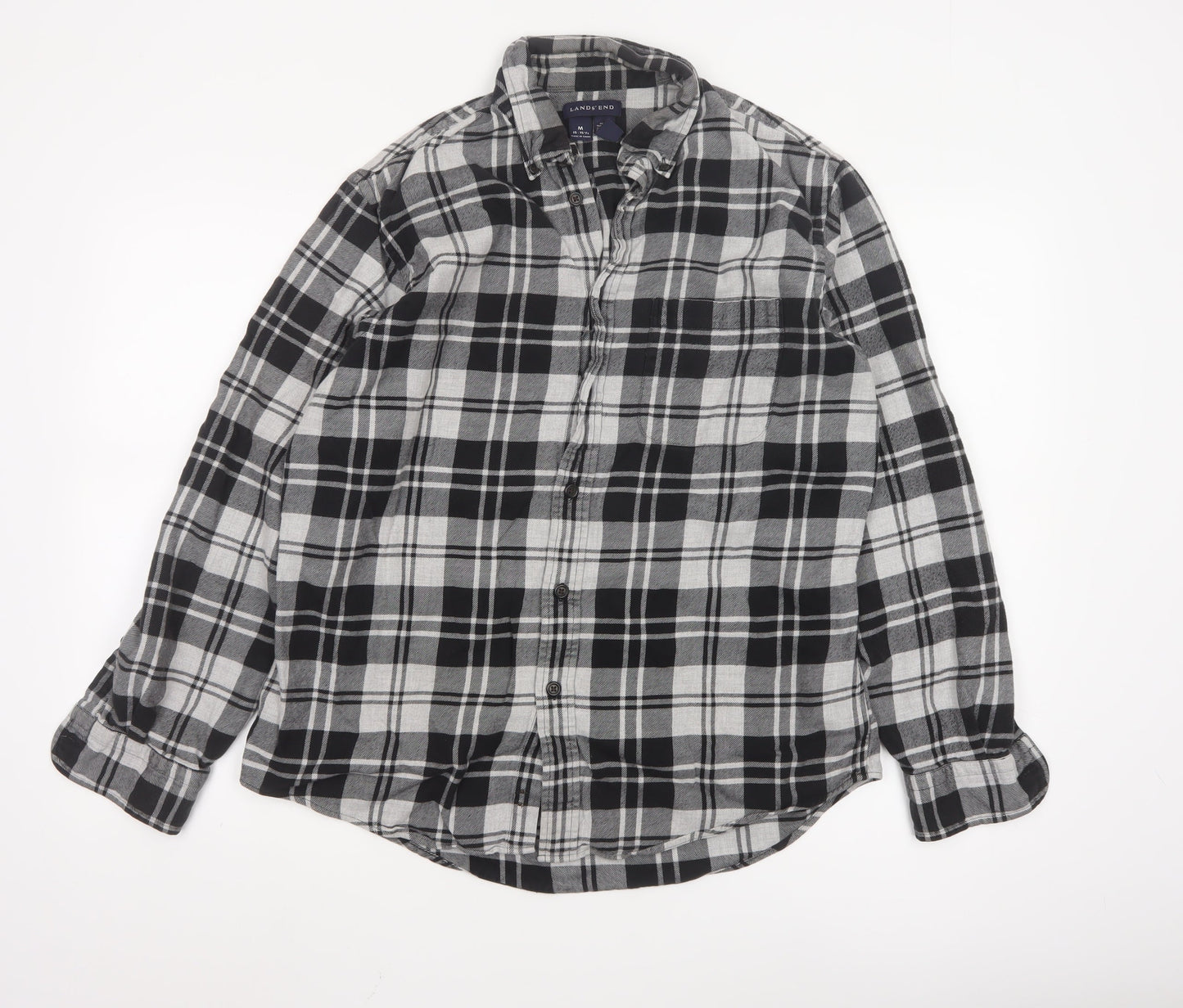 Lands' End Men's Black Plaid Flannel Button-Up Shirt Size M Regular Fit