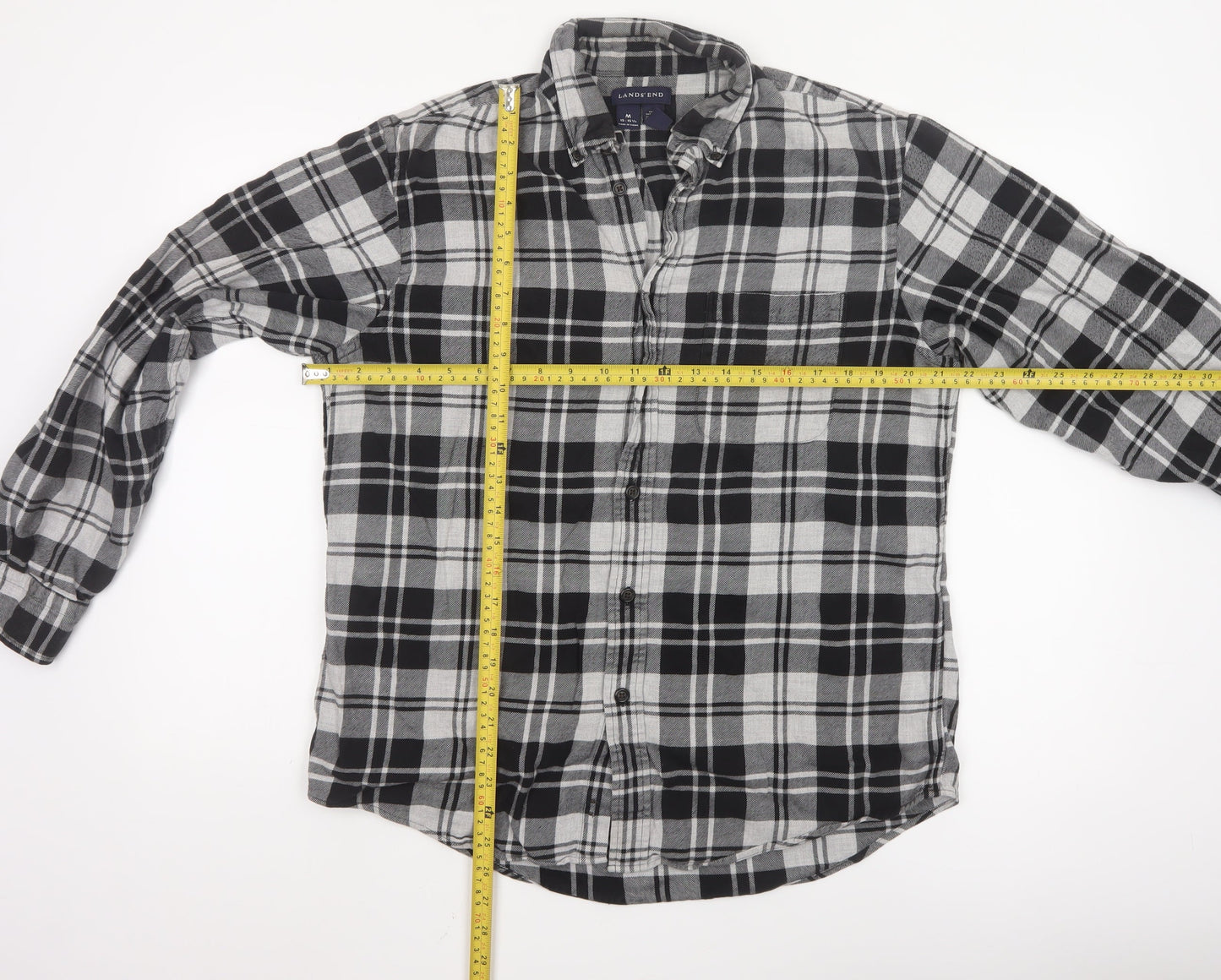 Lands' End Men's Black Plaid Flannel Button-Up Shirt Size M Regular Fit