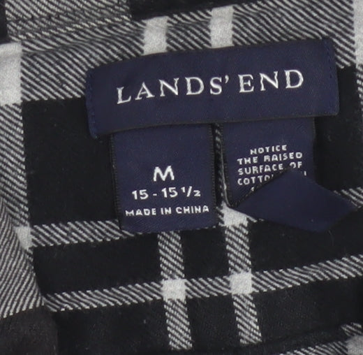 Lands' End Men's Black Plaid Flannel Button-Up Shirt Size M Regular Fit