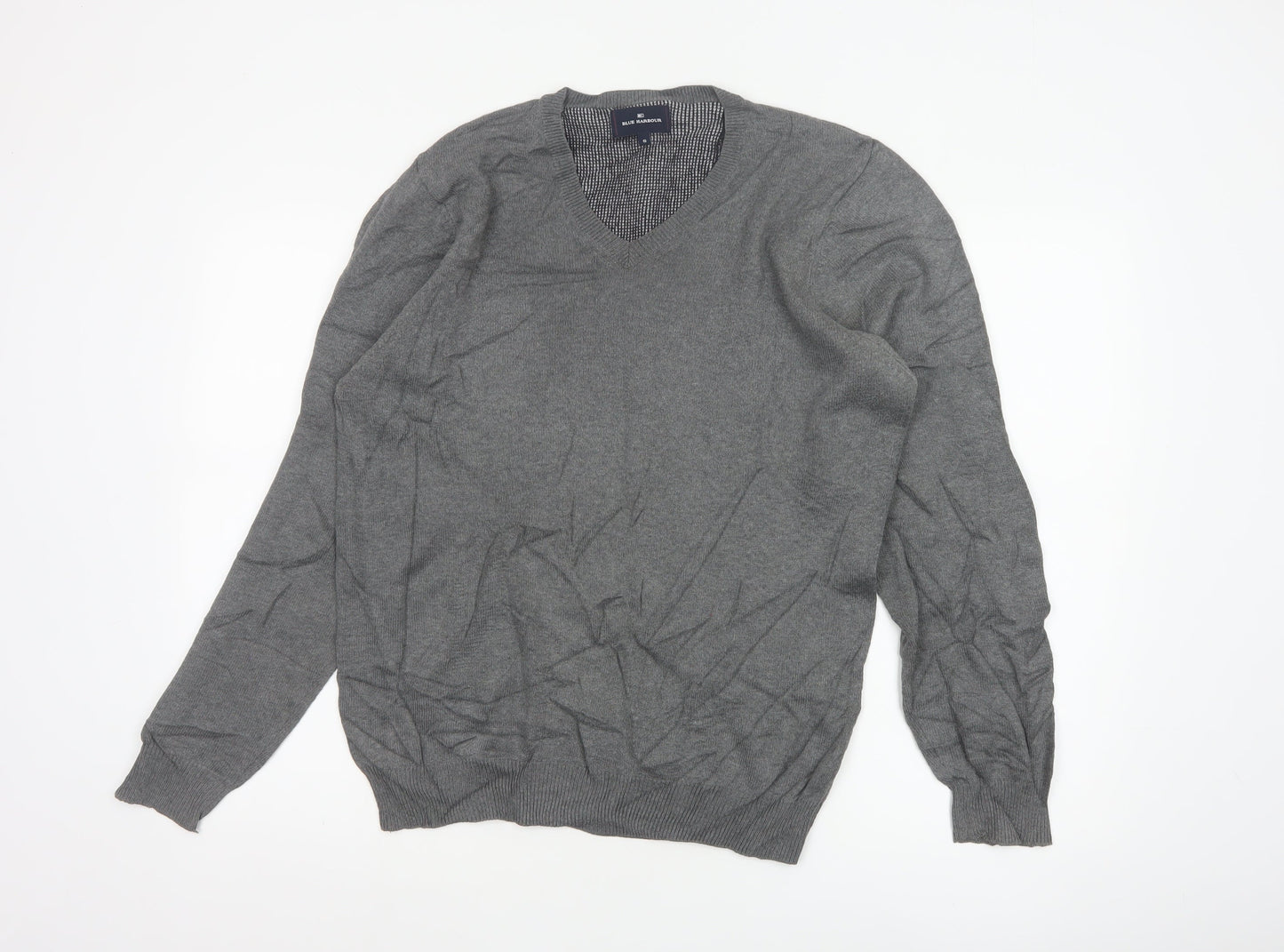 Marks and Spencer Blue Harbour Grey Cotton V-Neck Men's Jumper Size S