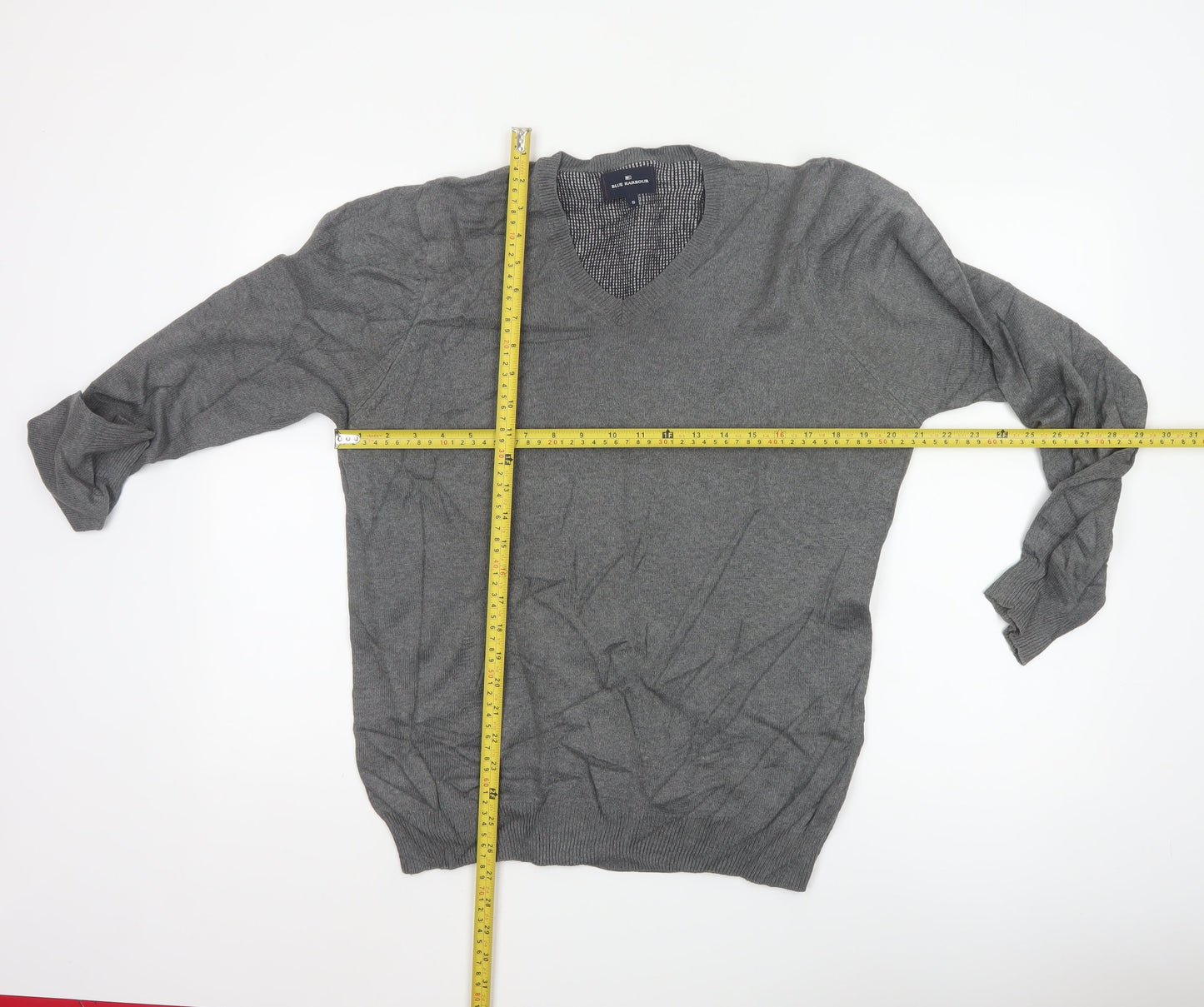 Marks and Spencer Blue Harbour Grey Cotton V-Neck Men's Jumper Size S