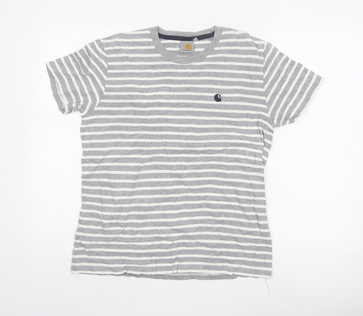 Carhartt Men's Grey White Striped Cotton Crew Neck T-Shirt Size S