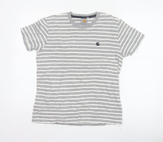 Carhartt Men's Grey White Striped Cotton Crew Neck T-Shirt Size S