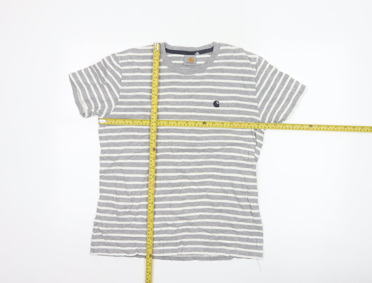 Carhartt Men's Grey White Striped Cotton Crew Neck T-Shirt Size S