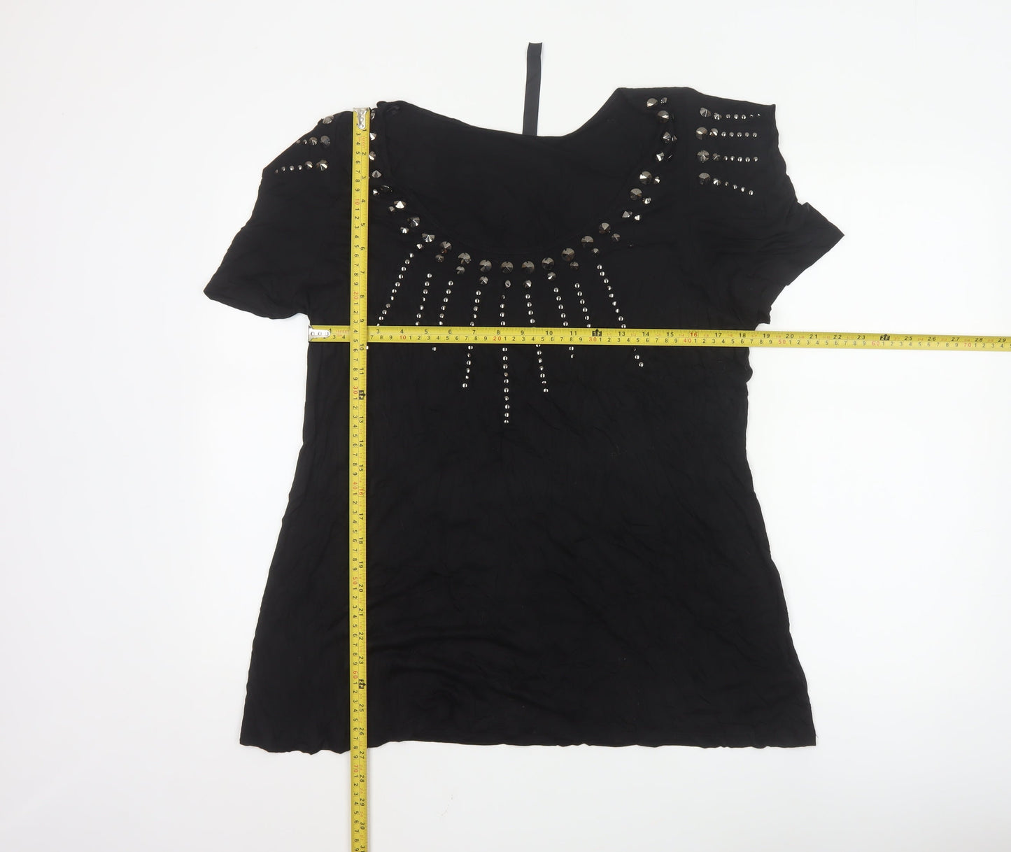 TU Women’s Black Studded Short Sleeve Scoop Neck Viscose Top Size 20