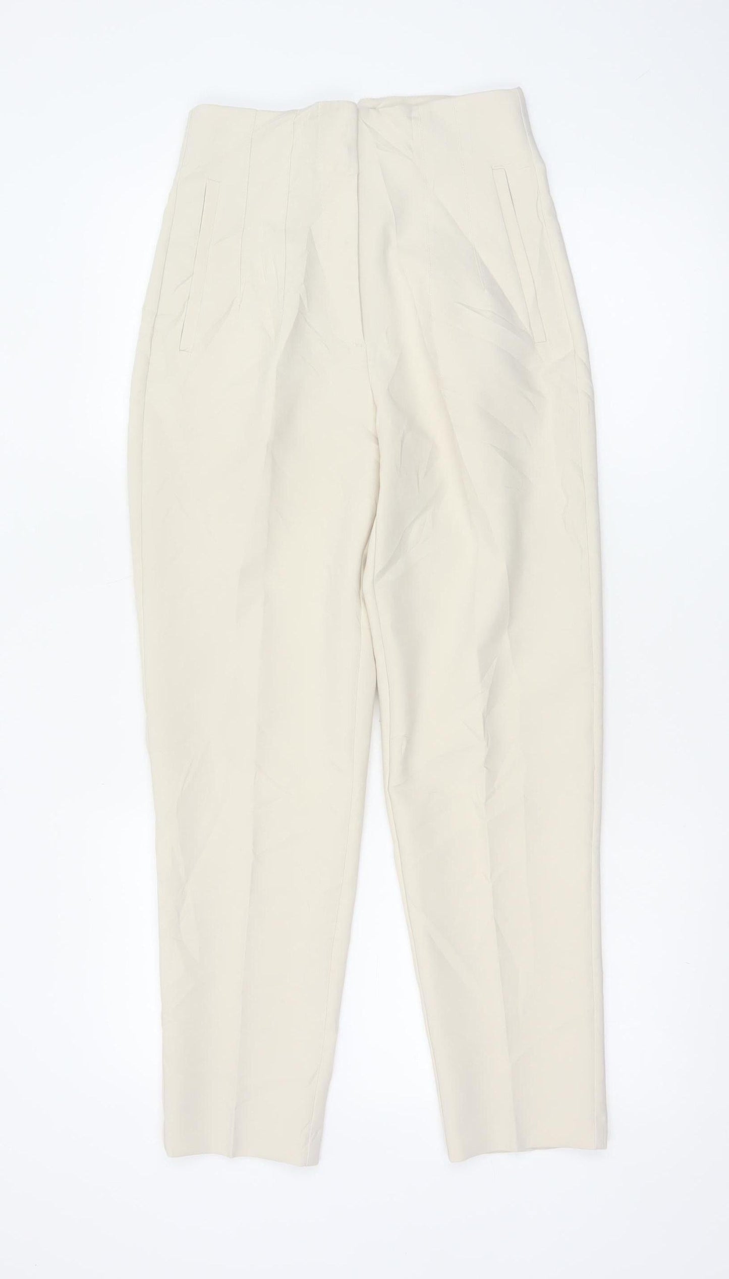 Zara Women Beige High Waist Tapered Trousers XS Polyester Blend