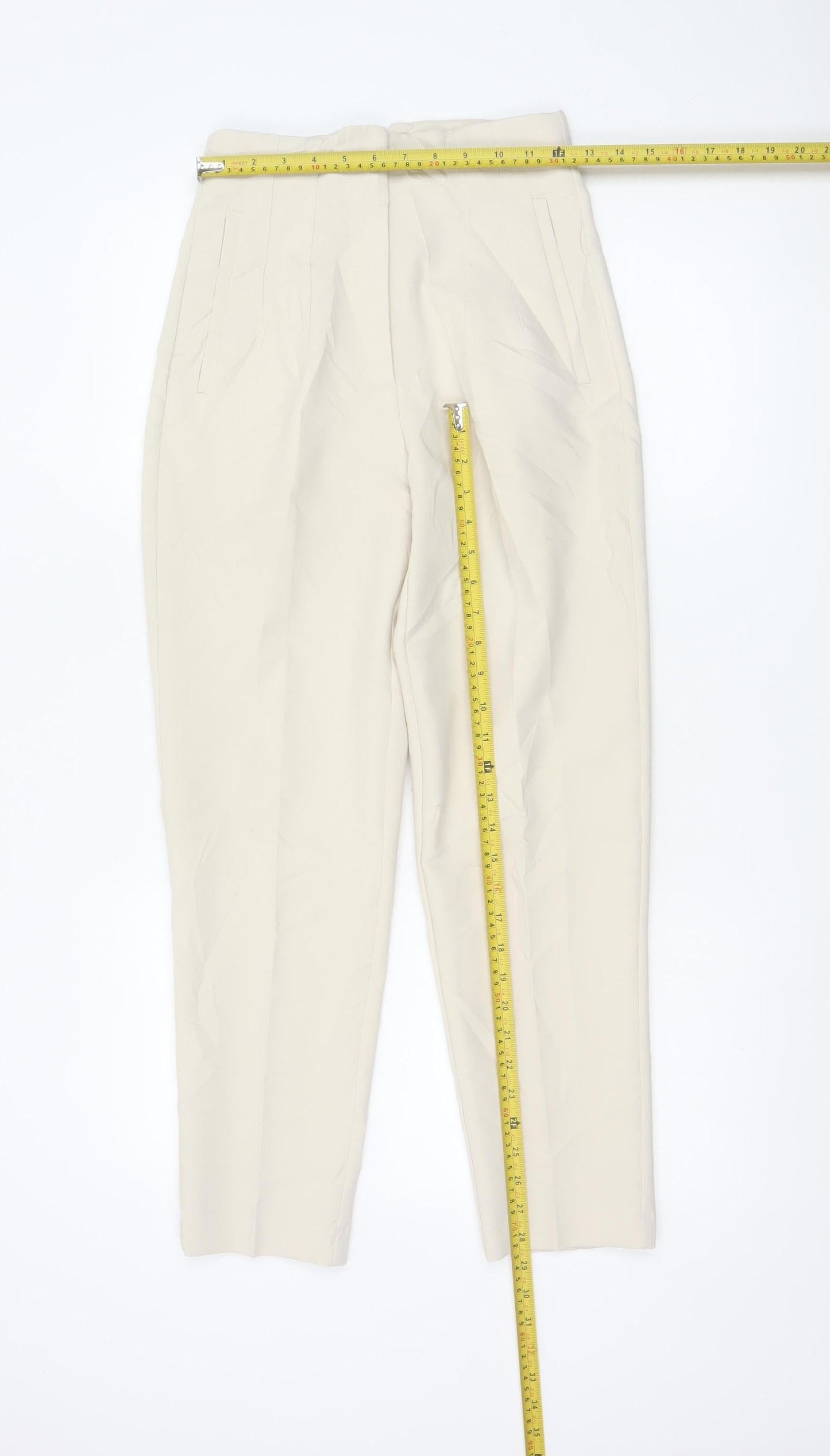 Zara Women Beige High Waist Tapered Trousers XS Polyester Blend