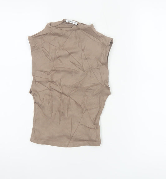 ZARA Women’s Brown Mock Neck Sleeveless Cotton Jersey Tank Top Size S