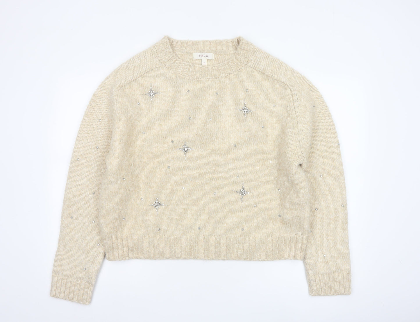 Marks and Spencer Per Una Women Beige Beaded Chunky Knit Jumper Size M