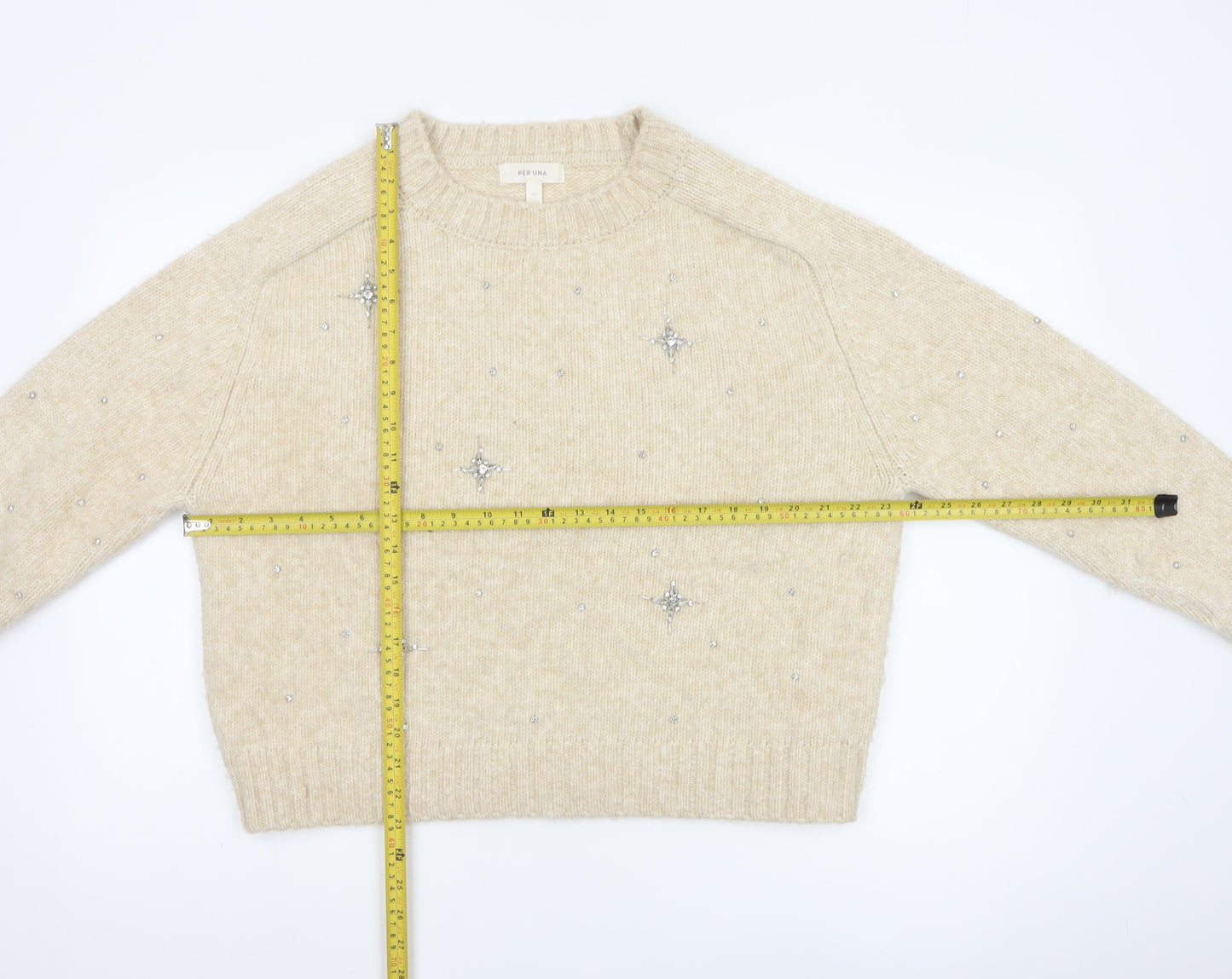 Marks and Spencer Per Una Women Beige Beaded Chunky Knit Jumper Size M