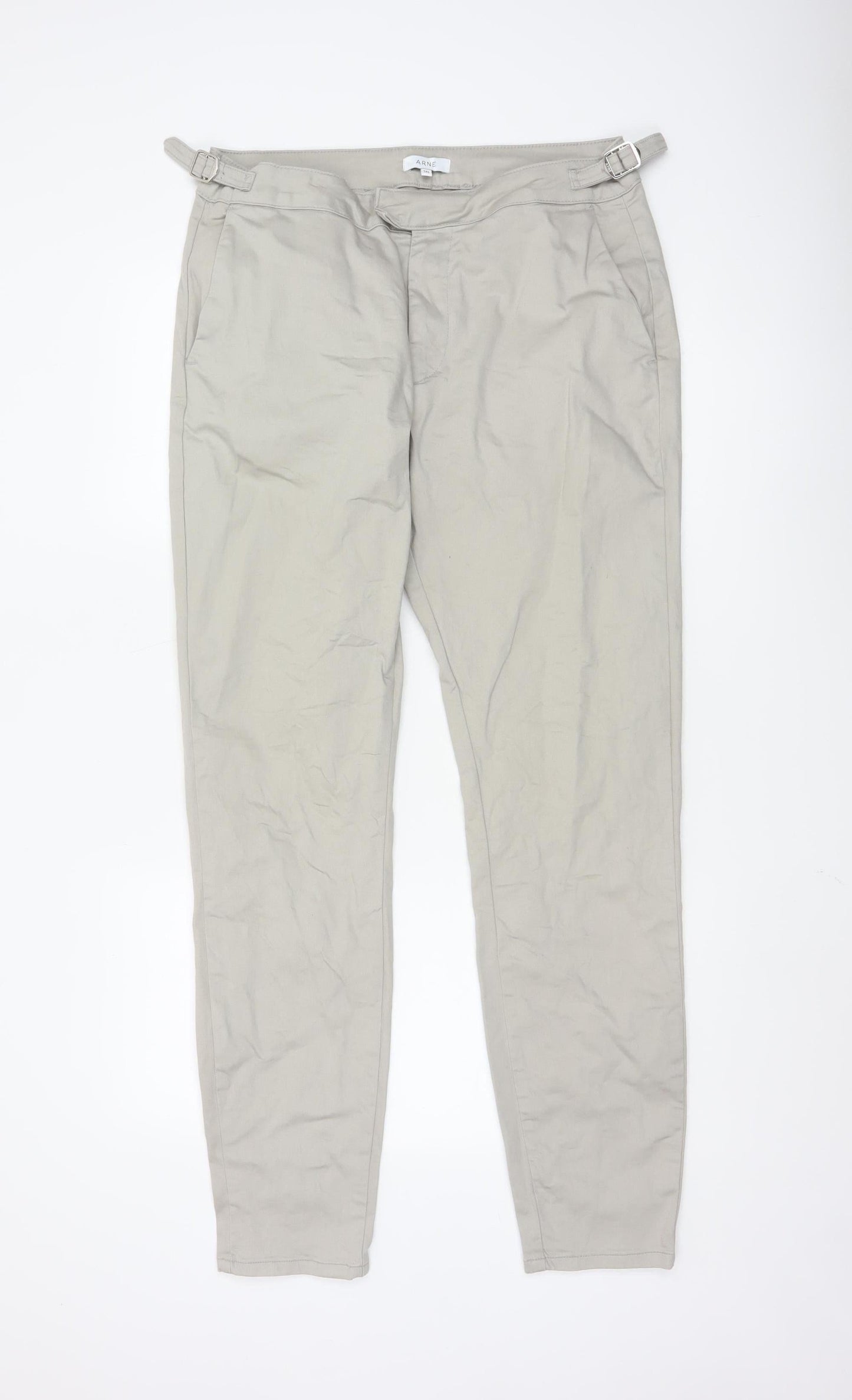 ARNE Men's Beige 34L Slim Fit Chino Trousers with Buckle Detail
