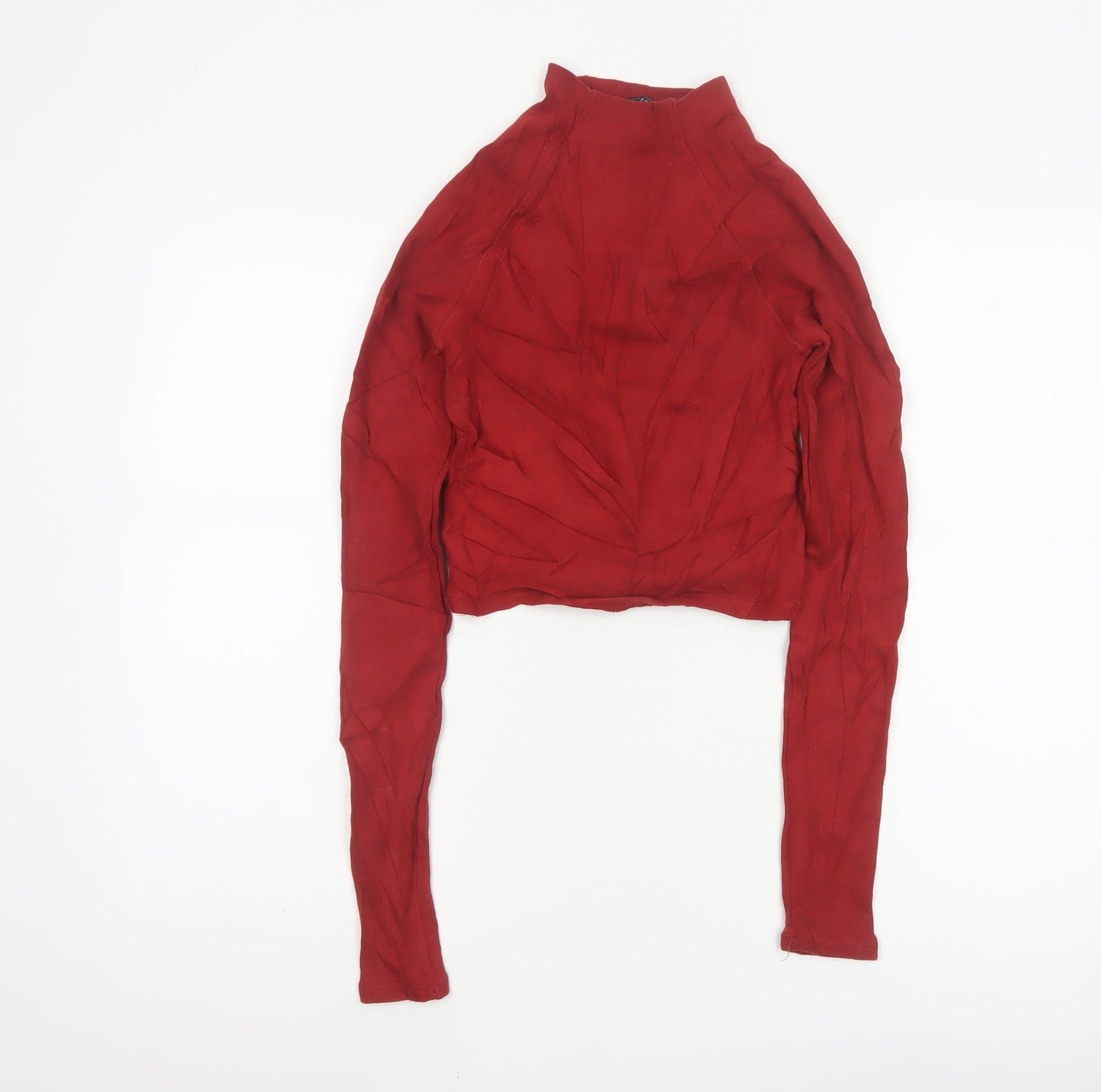 Zara Women Red Cropped High Neck Long Sleeve Cotton Top Size 12