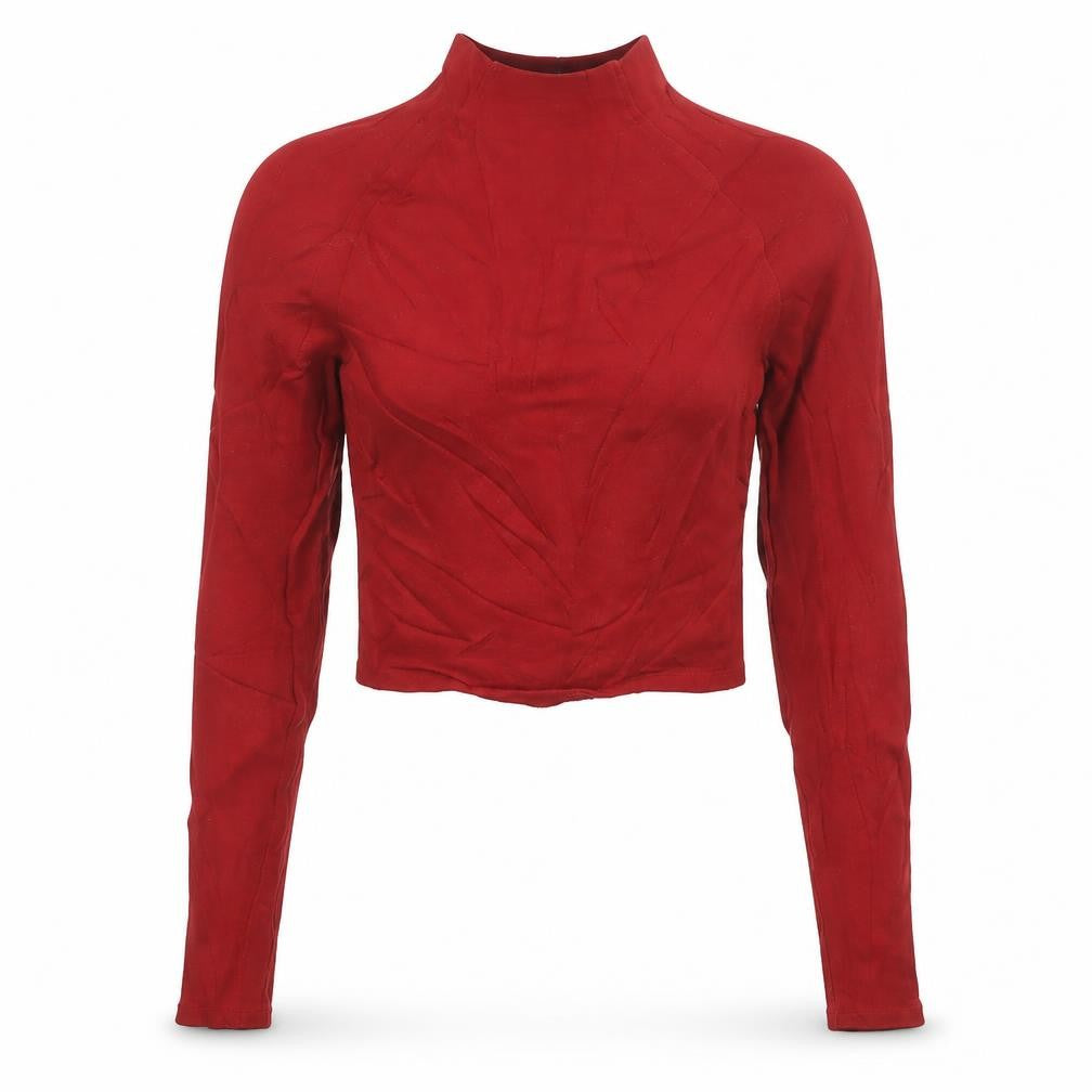 Zara Women Red Cropped High Neck Long Sleeve Cotton Top Size 12