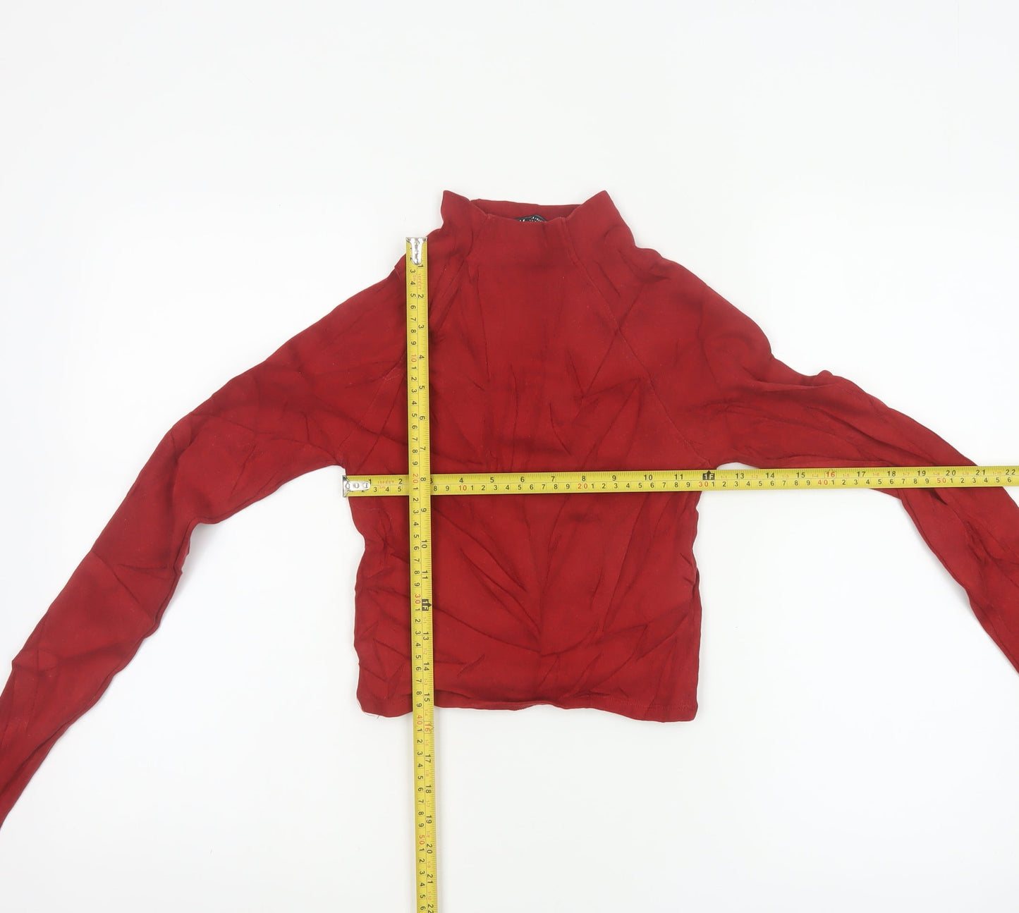Zara Women Red Cropped High Neck Long Sleeve Cotton Top Size 12